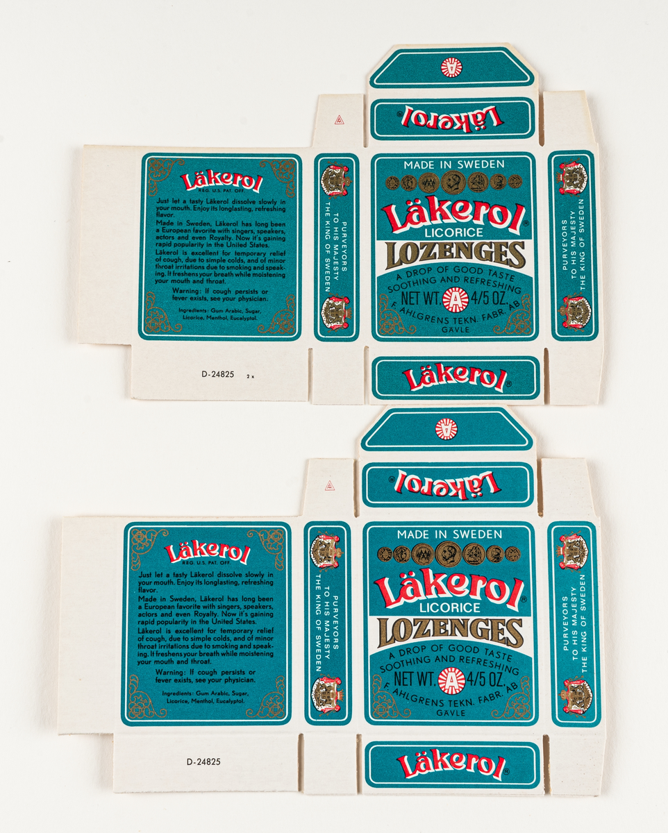 Två tablettaskar i papper, omonterade, gröna, Läkerol Liqorice Lozenges. För nordamerikansk marknad.
