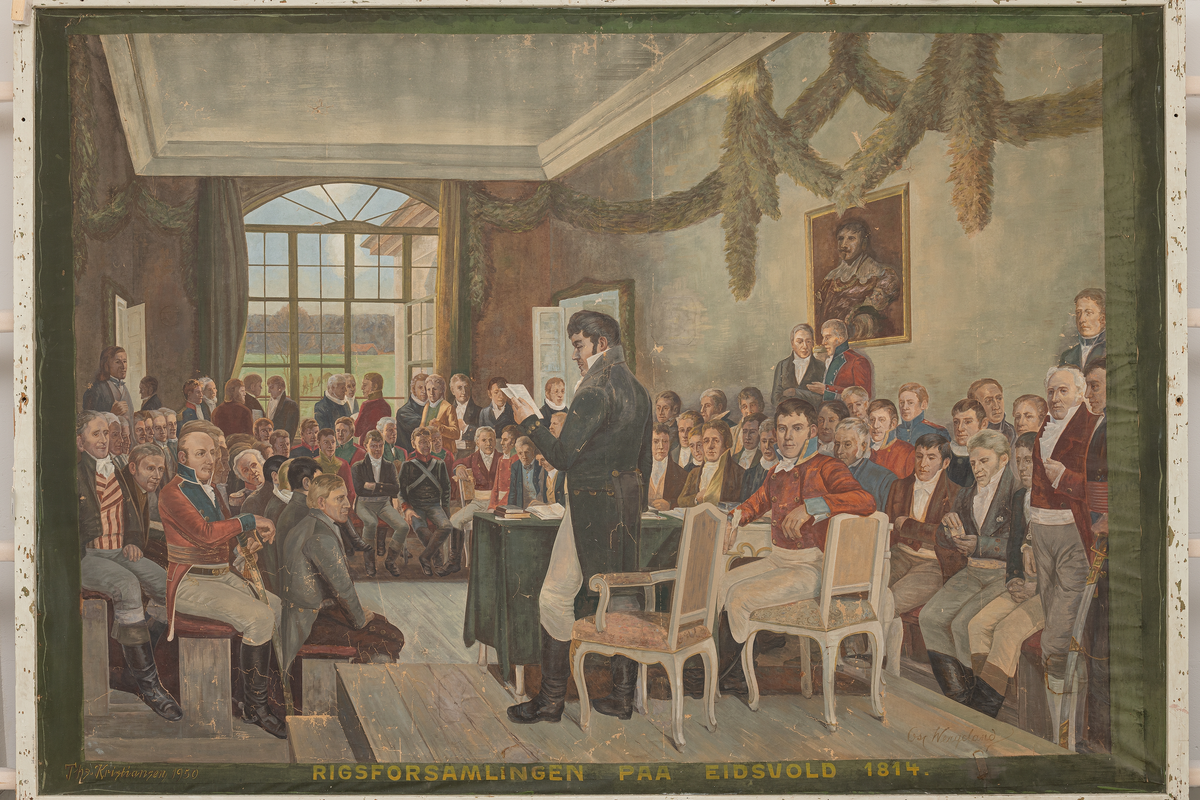 Riksforsamlingen på Eidsvold i 1814: Christian Magnus Falsen står oppreist og leser fra Grunnloven, mens sorenskriver Wilhelm Frimann Koren Christie sitter ved siden av. I maleriet kan rundt 70 personer av Riksforsamlingens 112 medlemmer identifiseres.