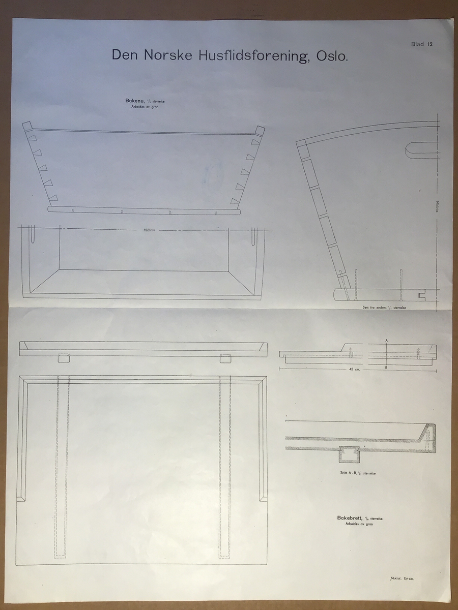 Ark med arbeidsteikning til bruk i undervisning. Dette eksemplaret viser; Bakenu og bakebrett.

Del av mappe med arbeidsteikninar brukt i undervisninga.  Mappa inneheld  teikningar av ulike kjøkengjenstandar som til dømes hyller, kjevler og krakk. Opprinneleg har det vore 13 ark med teikningar men det vantar nokre av dei originale.  Det er og lagt til nyare  og eldre ark med teikningar i mappa. Nokre av arka som er i mappa pr no er eldre utgåver som nok har vore i ei eiga mappe opprinneleg. Desse er merka med Den Norske Husflidsforening Christiania og er teikningar av  ulike verktøy.
Mappa inneheld totalt 32 ark.