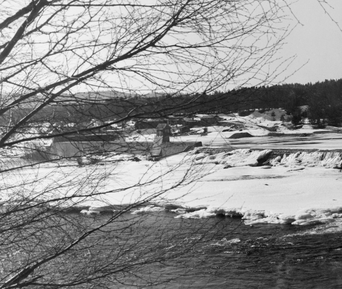 Kraftverksdammen ved Skjefstadfossen i Heradsbygda i Elverum fotografert en seinvinterdag mens den opprinnelige damkonstruksjonen var intakt.  Fotografiet er tatt fra den østre elvebredden, gjennom greinene på et bladløst lauvtre.  I forgrunnen gikk elva åpen.  Den vestre delen av elveleiet derimot var is- og snødekt.  Til venstre i bildet skimter vi inntaksdammen med tilhørende bygninger.  Derfra gikk det turbinrør de snaut 500 metrene ned til kraftstasjonene som lå lengre nede ved den vestre elvebredden.  Til høyre i bildeflatas midtsone ser vi den vestre delen av den bueformete terskeldammen ved fossen.  På land i bakgrunnen sto barskogen tett da fotografiet ble tatt.  I Glomma fellesfløtingsforenings album nr. 13 er en noe beskåret versjon av dette fotografiet klippet sammen med SJF. 1989-03912 til et vidvinkel- eller panoramabilde. 