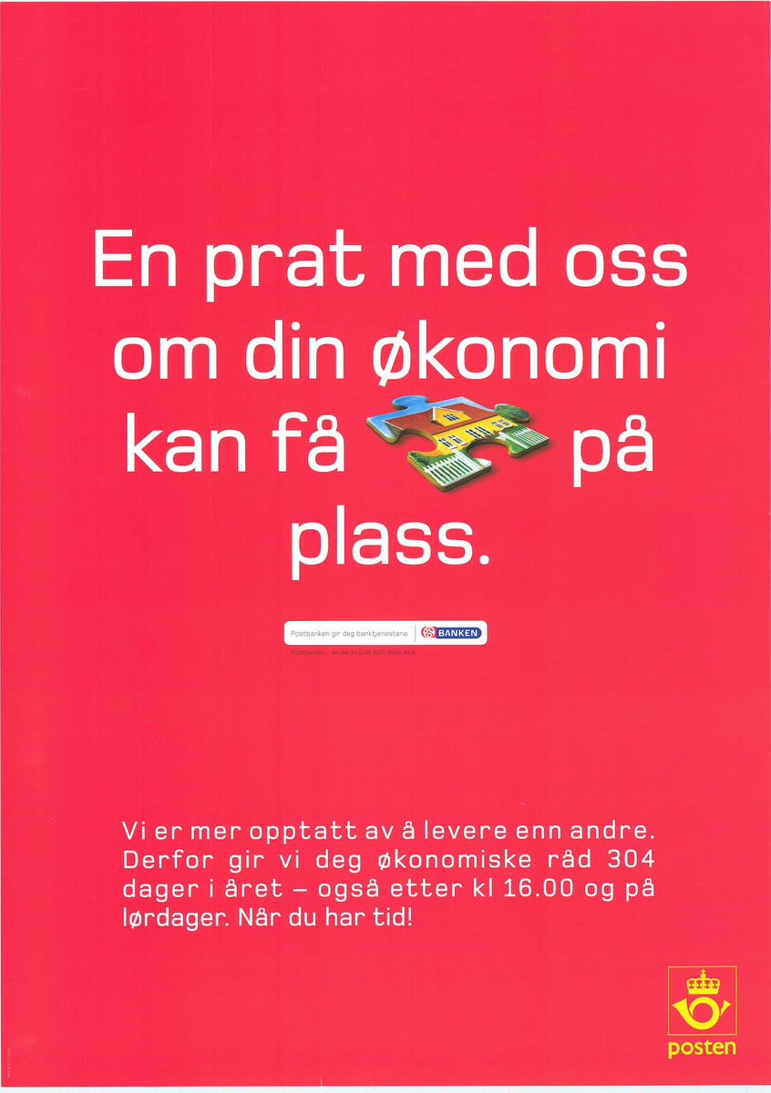 Tosidig plakat med tekst og motiv på rød bakgrunn. Postbanklogo og Postlogo.