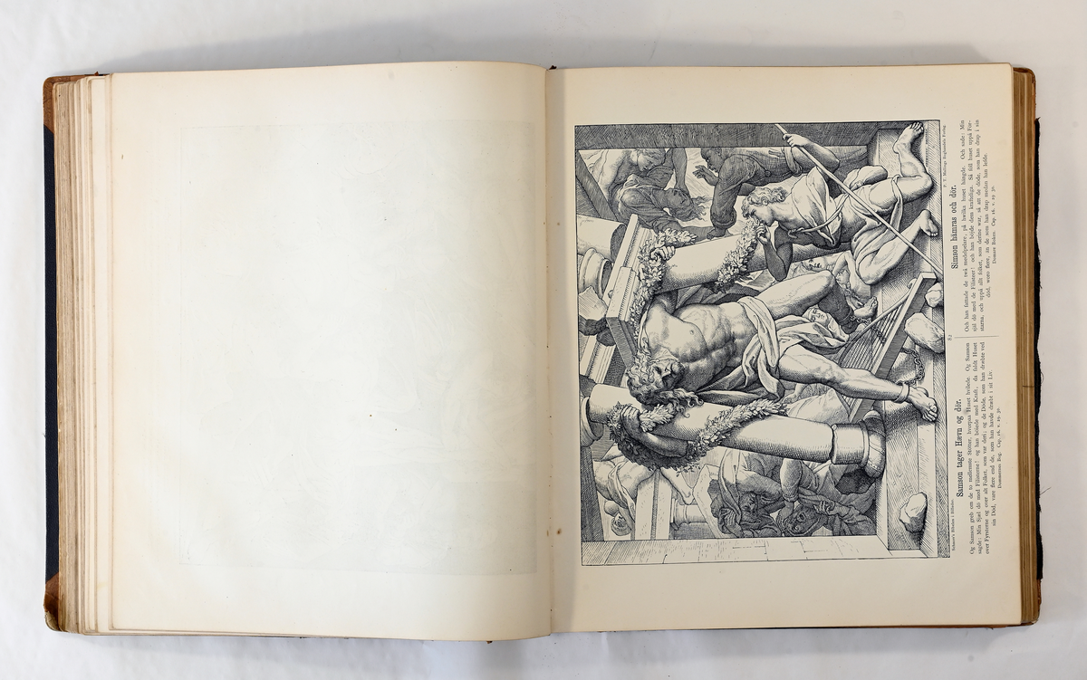 Prot: Bibelen i billeder. Ett hundrede og fireti billeder af Julius Schnorr von Carolsfeld. Med indledende og forklarende Tekst, Oppr. tysk utgave - oversatt til norsk ved Jonas Dahl. Autoris. udg. Kr.a. (1882-86). 50 s. + 240 tavlur. St. 4 to. (Sliti velskbd.)