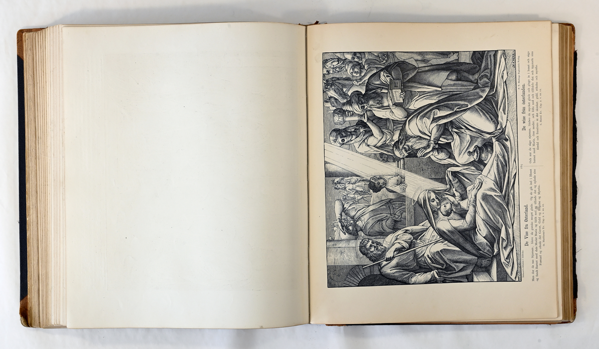 Prot: Bibelen i billeder. Ett hundrede og fireti billeder af Julius Schnorr von Carolsfeld. Med indledende og forklarende Tekst, Oppr. tysk utgave - oversatt til norsk ved Jonas Dahl. Autoris. udg. Kr.a. (1882-86). 50 s. + 240 tavlur. St. 4 to. (Sliti velskbd.)