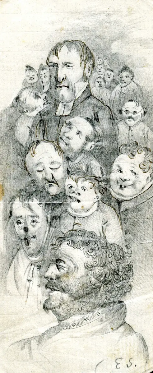 5 st teckningar 

1. "En herre med lifbergare på 6 quarters tjock is år 1857". (Blyertsteckning, 14,2 X 12,9 cm)
2. "Politisk tidsbild. 1864. Napoleon i enrum, sedan affären blifvit lyckligen avslutad." (Tuschtekning, 11 X 15,7 cm)
3. Porträtt över olika människor. (Blyertsteckning, 6,9 X 16,7 cm)
4. Framsida: Vy över Velamssund. (Akvarell, 15,5 X 10,3 cm) Baksida: En tuschteckning och texten "på andra sidan, Velamssund."
5. "Hernoesand d. 9 april 1829" (Tusch, 16,2 X 11 cm)

Elias Sehlstedt, född 8 december 1808 i Härnösand, död 1874 i Stockholm, svensk lyriker.