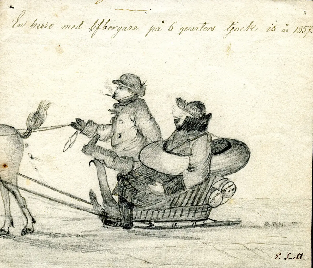 5 st teckningar 

1. "En herre med lifbergare på 6 quarters tjock is år 1857". (Blyertsteckning, 14,2 X 12,9 cm)
2. "Politisk tidsbild. 1864. Napoleon i enrum, sedan affären blifvit lyckligen avslutad." (Tuschtekning, 11 X 15,7 cm)
3. Porträtt över olika människor. (Blyertsteckning, 6,9 X 16,7 cm)
4. Framsida: Vy över Velamssund. (Akvarell, 15,5 X 10,3 cm) Baksida: En tuschteckning och texten "på andra sidan, Velamssund."
5. "Hernoesand d. 9 april 1829" (Tusch, 16,2 X 11 cm)

Elias Sehlstedt, född 8 december 1808 i Härnösand, död 1874 i Stockholm, svensk lyriker.