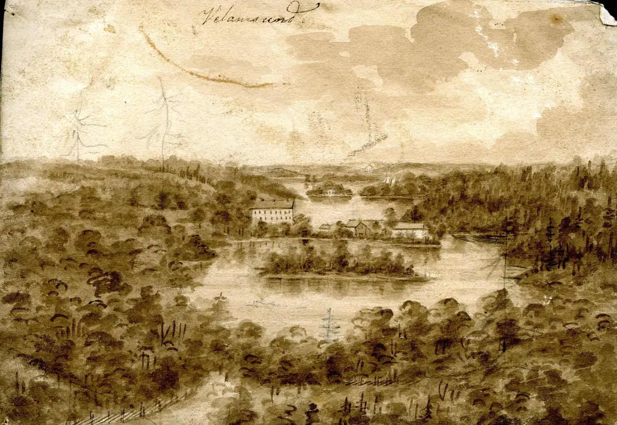 4 st målningar på papper.

1. \"Frök vid Ångermanelfven, Kramfors i fonden, Nylands ..lage? plats, Hammar. Vue vid Para i S:ångl: Råberget i fonden\" (Akvarell, 20,3 X 11,3 cm)
 2. \"Velamsund\" (Akvarell, 15,3 X 10,6 cm)
 3. \"Vue vid Ångermanelfven Para - Multrå\" (Akvarell, 20,2 X 11,2 cm)
 4. Framsida: \"Fanskog i Norrland\". Baksida: En bild av stora byggnader vid vatten. (Akvarell, 20,2 X 11,2 cm)

Elias Sehlstedt, född 8 december 1808 i Härnösand, död 1874 i Stockholm, svensk lyriker.