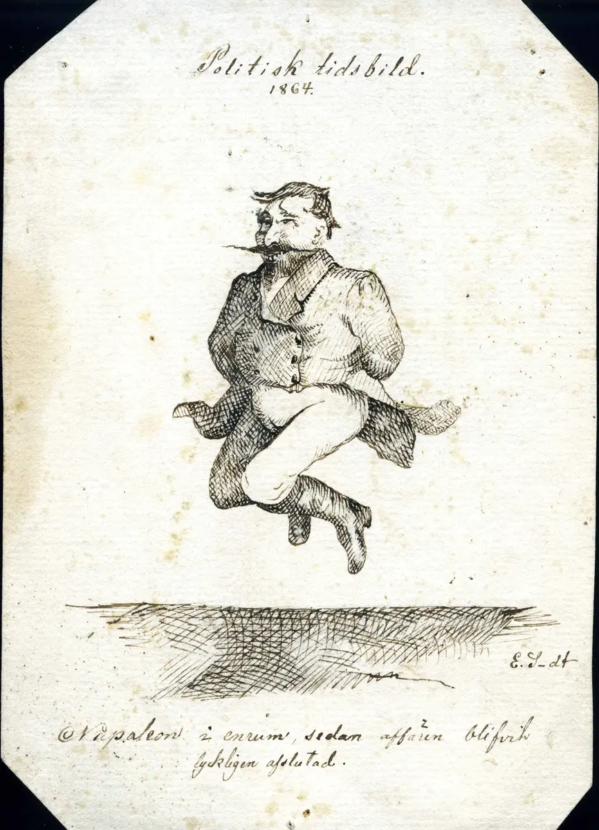 5 st teckningar 

1. "En herre med lifbergare på 6 quarters tjock is år 1857". (Blyertsteckning, 14,2 X 12,9 cm)
2. "Politisk tidsbild. 1864. Napoleon i enrum, sedan affären blifvit lyckligen avslutad." (Tuschtekning, 11 X 15,7 cm)
3. Porträtt över olika människor. (Blyertsteckning, 6,9 X 16,7 cm)
4. Framsida: Vy över Velamssund. (Akvarell, 15,5 X 10,3 cm) Baksida: En tuschteckning och texten "på andra sidan, Velamssund."
5. "Hernoesand d. 9 april 1829" (Tusch, 16,2 X 11 cm)

Elias Sehlstedt, född 8 december 1808 i Härnösand, död 1874 i Stockholm, svensk lyriker.