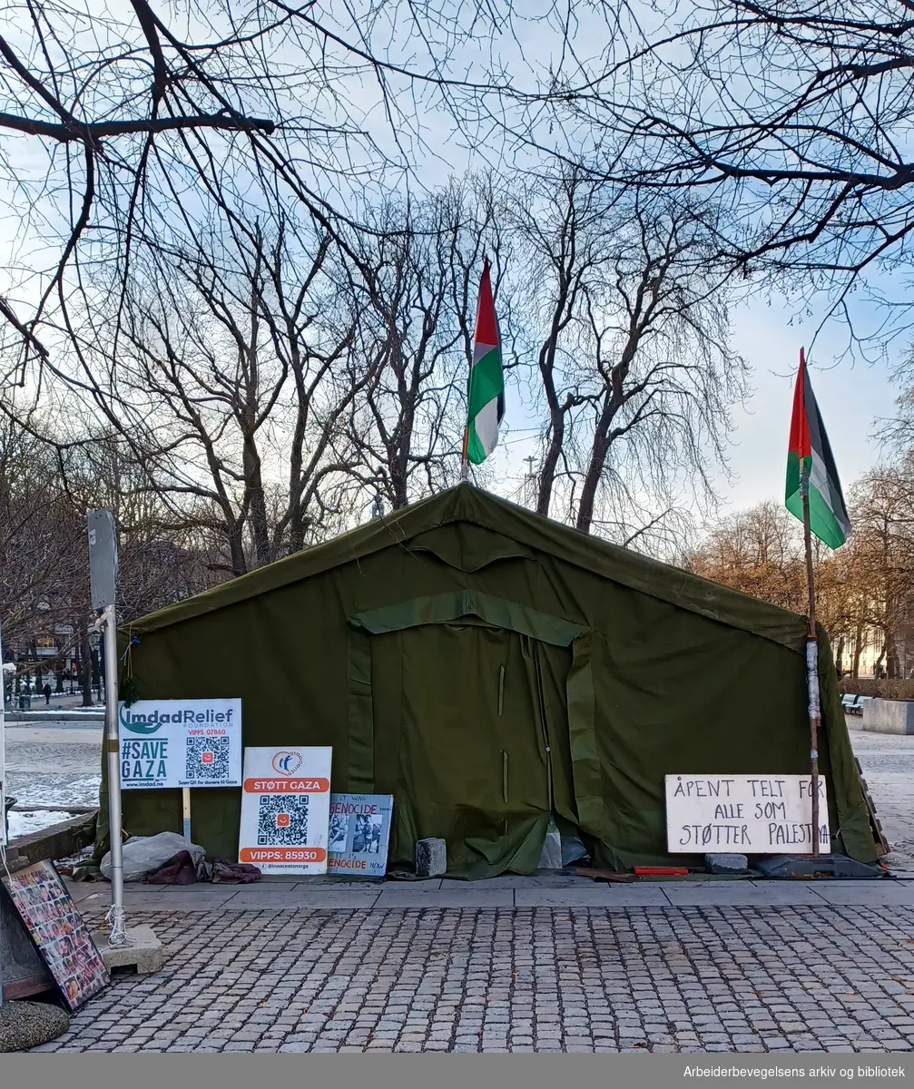 Palestinateltet i Spikersuppa, et tilholdssted for de som støtter Palestina. Oslo, mars 2024.