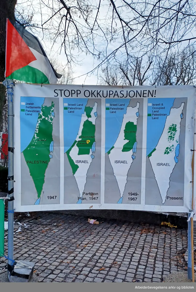 Palestinateltet i Spikersuppa, et tilholdssted for de som støtter Palestina. Oslo, mars 2024. Kart: Stopp okkupaskjonen.