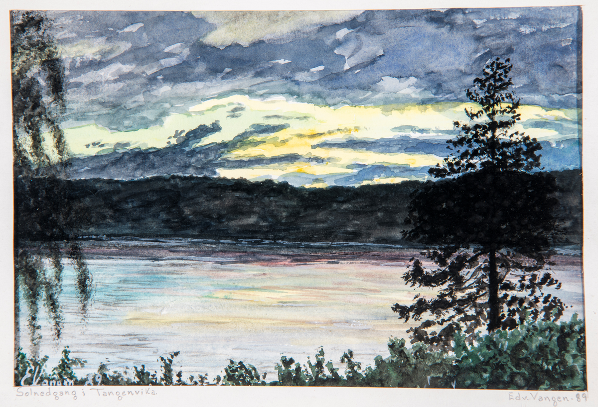 Akvarell malt av Edvard Vangen, Stange. Motiv fra Tangenvika. Tittel på bilde er: Solnedgang i Tangenvika.