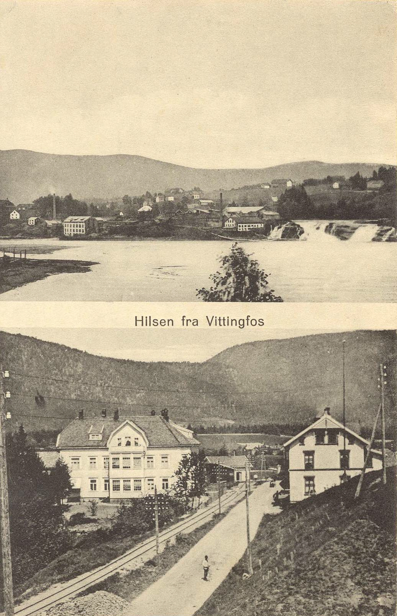 Todelt prospektkort. Vittingfos ca.1910. 
Vi ser jernbanesporet til "Bruket". 
 Bygningen til venstre Skinnesgården (apoteket), til høyre Trandumgården (Banken og Skogeierforeningen)