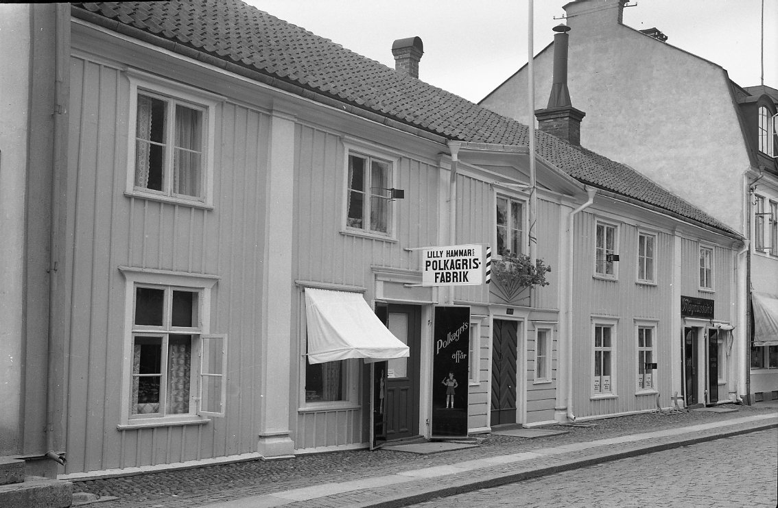 En bostads- och affärslänga utmed Brahegatan i Gränna. Skyltning för Lilly Hammars Polkargrisfabrik samt Magnusson.