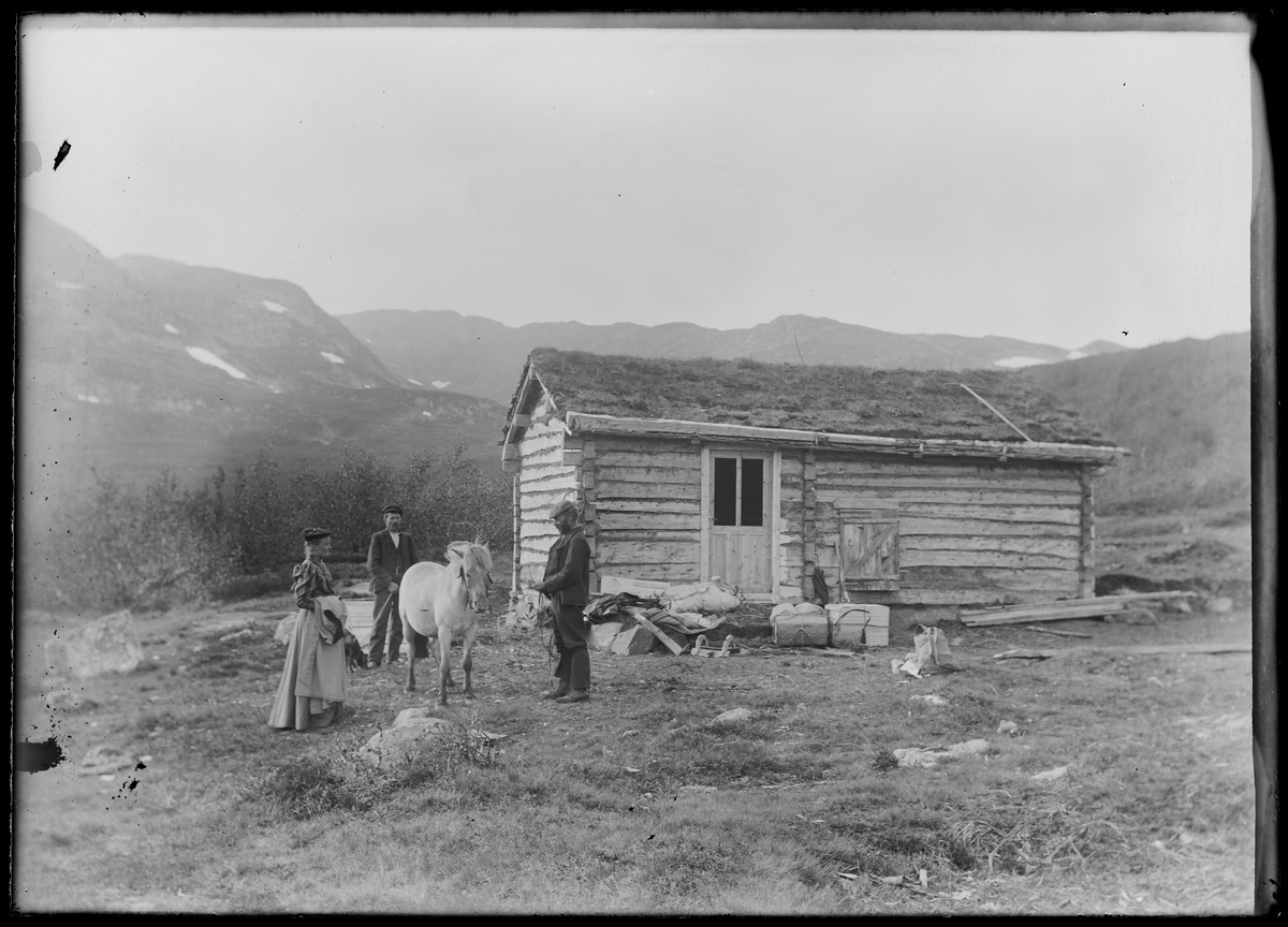 Tre personer står rundt en hest ved siden av en liten bygning av tre med gress på taket. I bakgrunnen sees fjelltopper og trær.