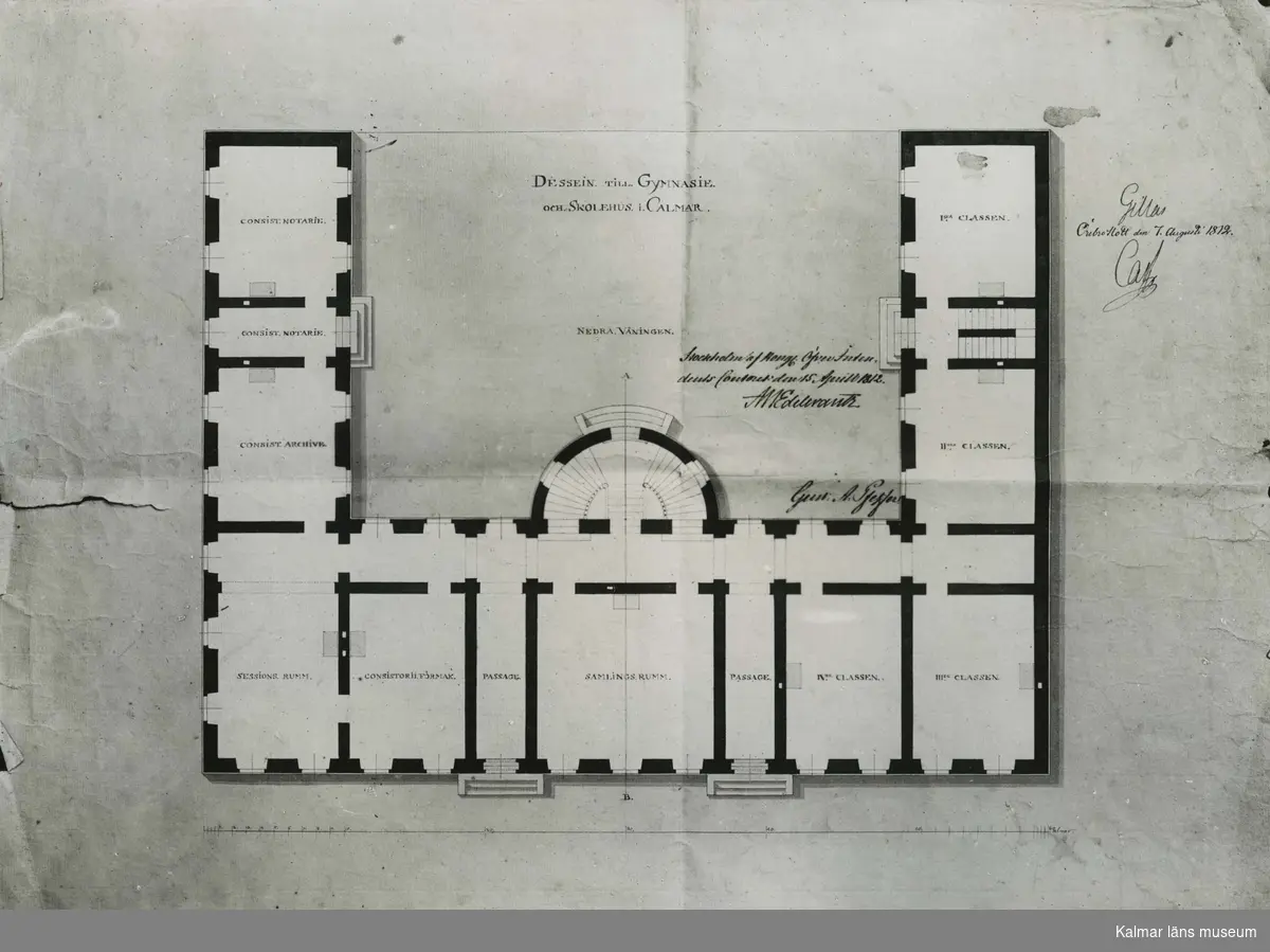 C. F. Sundvalls ritningar till gymnasium i Kalmar, godkänd 1812. Huset är numera säte för Kalmar kommun. Ritningarna visar övre och nedre våningen.
