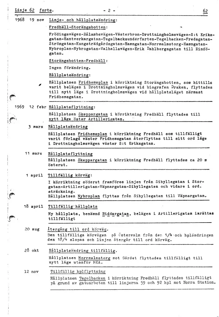 Linjebeskrivningen avser 1967-1977. 
Linjenummer 62 användes redan under tidigt 1930-tal och gick då från Ängby till Kungsbroplan.
Linjen lades ner 2015.