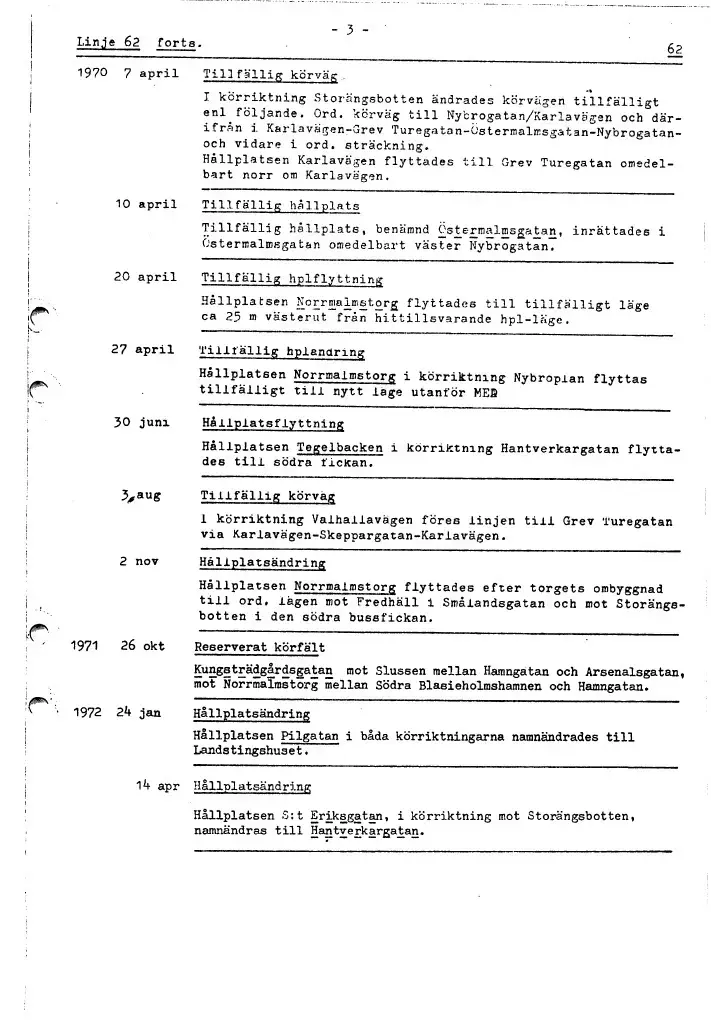 Linjebeskrivningen avser 1967-1977. 
Linjenummer 62 användes redan under tidigt 1930-tal och gick då från Ängby till Kungsbroplan.
Linjen lades ner 2015.