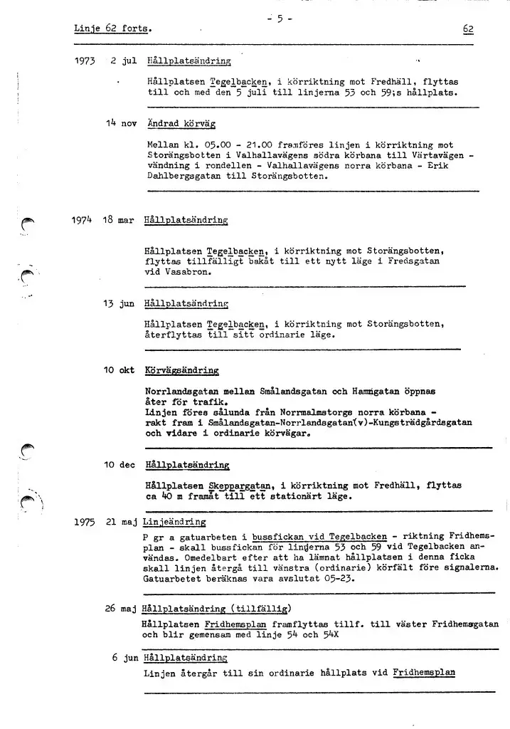 Linjebeskrivningen avser 1967-1977. 
Linjenummer 62 användes redan under tidigt 1930-tal och gick då från Ängby till Kungsbroplan.
Linjen lades ner 2015.