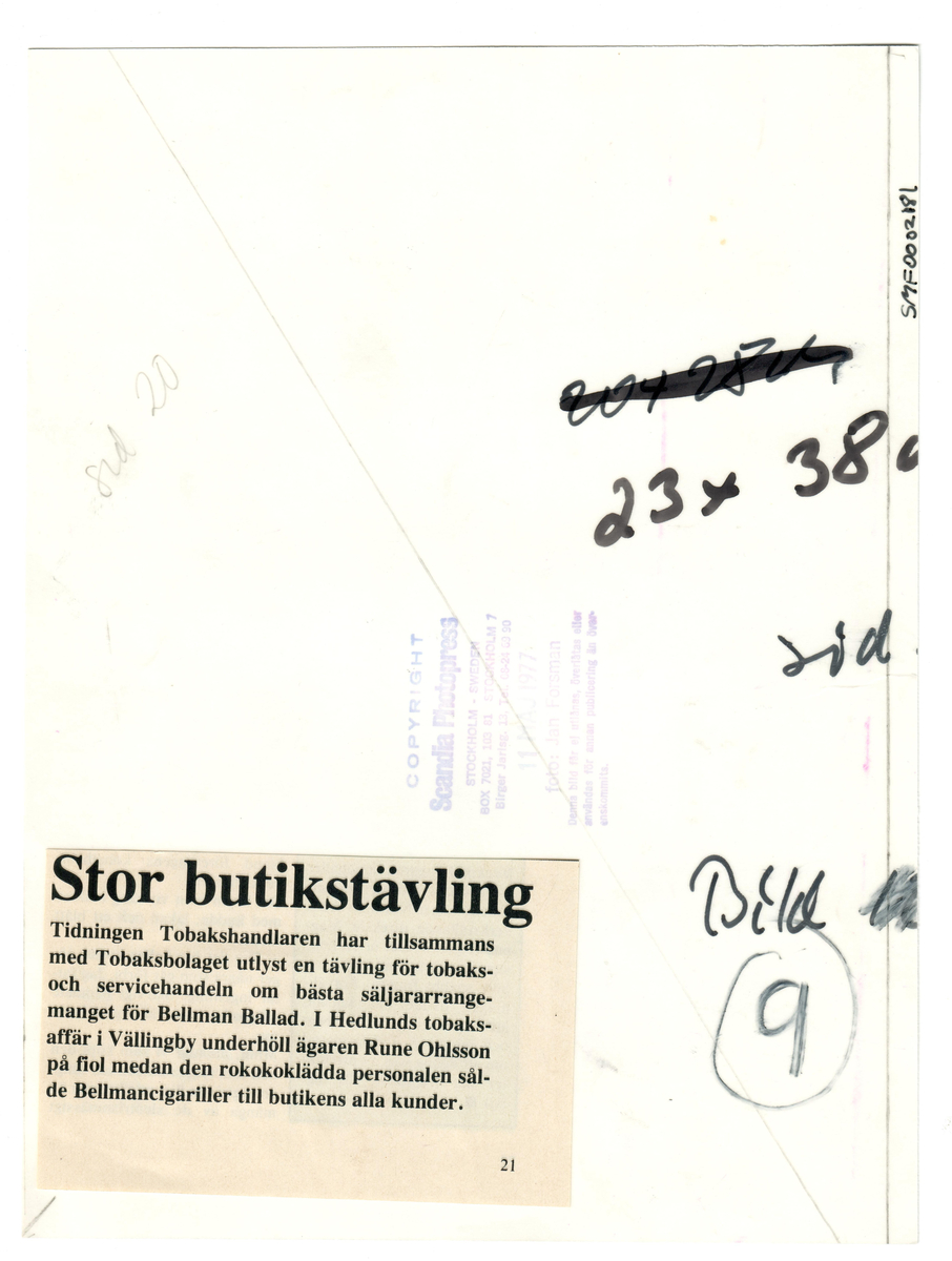 Fiolspel i Hedlunds tobaksaffär i Vällingby 1977 i samband med en butikstävling om bästa säljarrangemanget för cigarillmärket Bellman Ballad.