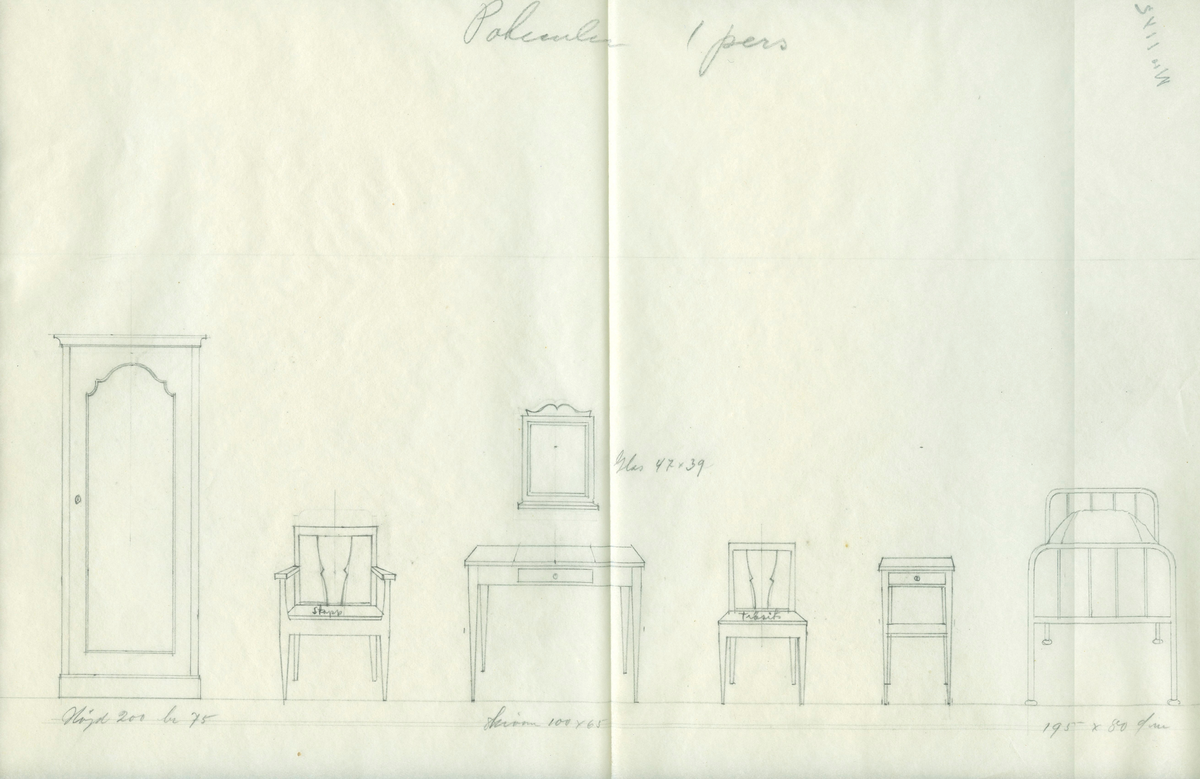 Flintas ritning 1141-1150. Beställare och möbler. Säng. Sängbord. Byrå. Bord. Hylla. Soffa. Stol. Chiffonje. Skåp. Matsal.