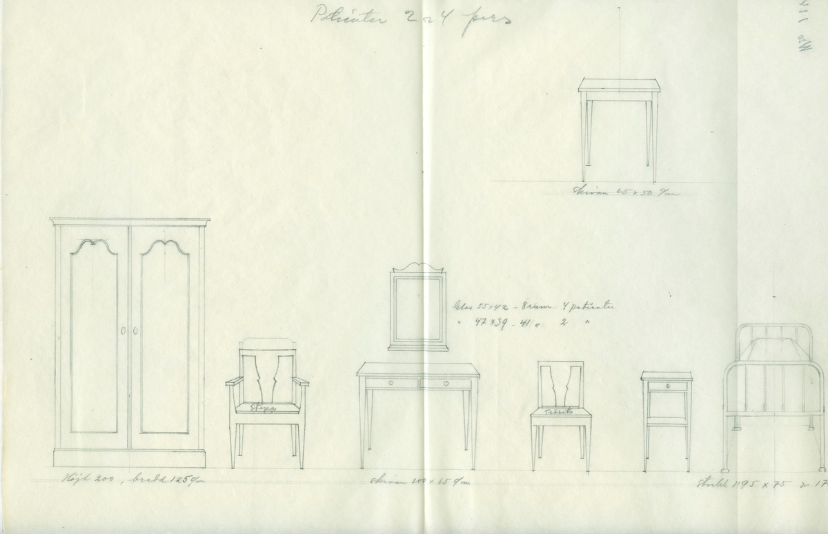 Flintas ritning 1141-1150. Beställare och möbler. Säng. Sängbord. Byrå. Bord. Hylla. Soffa. Stol. Chiffonje. Skåp. Matsal.