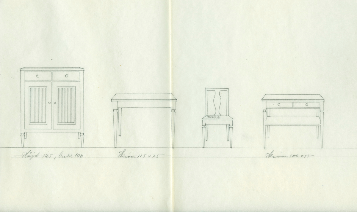 Flintas ritning 1141-1150. Beställare och möbler. Säng. Sängbord. Byrå. Bord. Hylla. Soffa. Stol. Chiffonje. Skåp. Matsal.