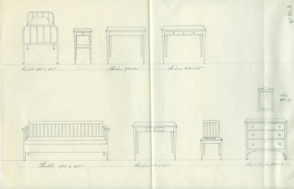Flintas ritning 1141-1150. Beställare och möbler. Säng. Sängbord. Byrå. Bord. Hylla. Soffa. Stol. Chiffonje. Skåp. Matsal.