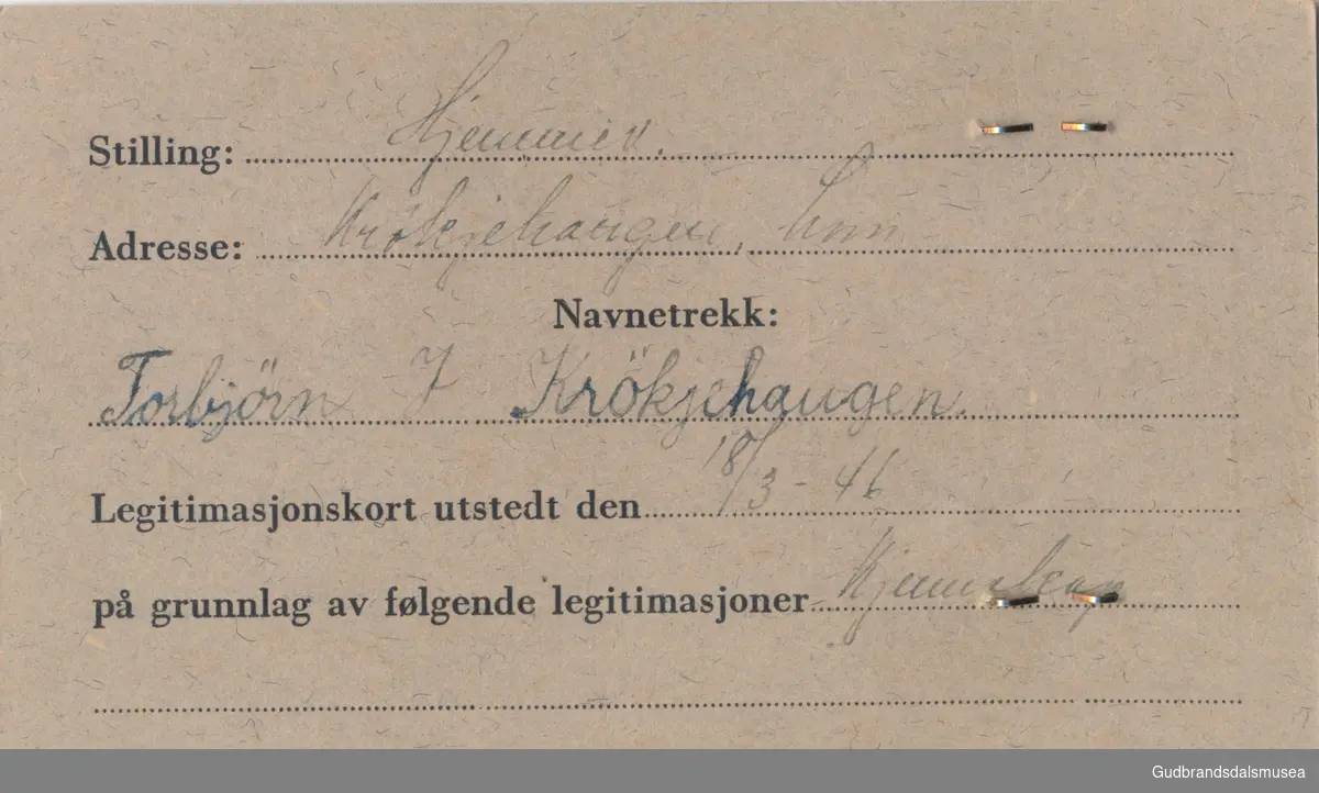 Krøkjehaugen, Torbjørn f. 1930
ID-kort utstedt 1946, Lom