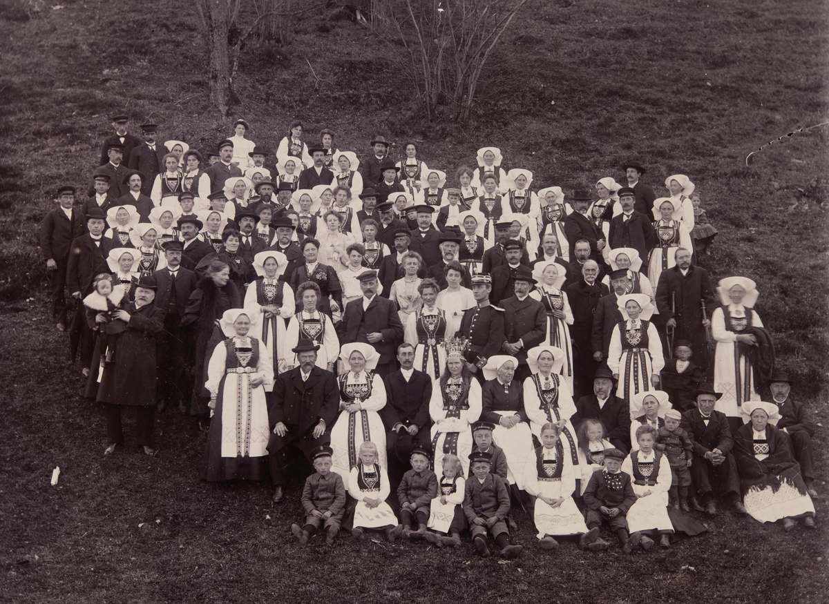 Utendørs gruppefoto. Bondebryllup. Gjester og brudepar i gresskråning. Brud og de fleste kvinner i hardangerbunad.