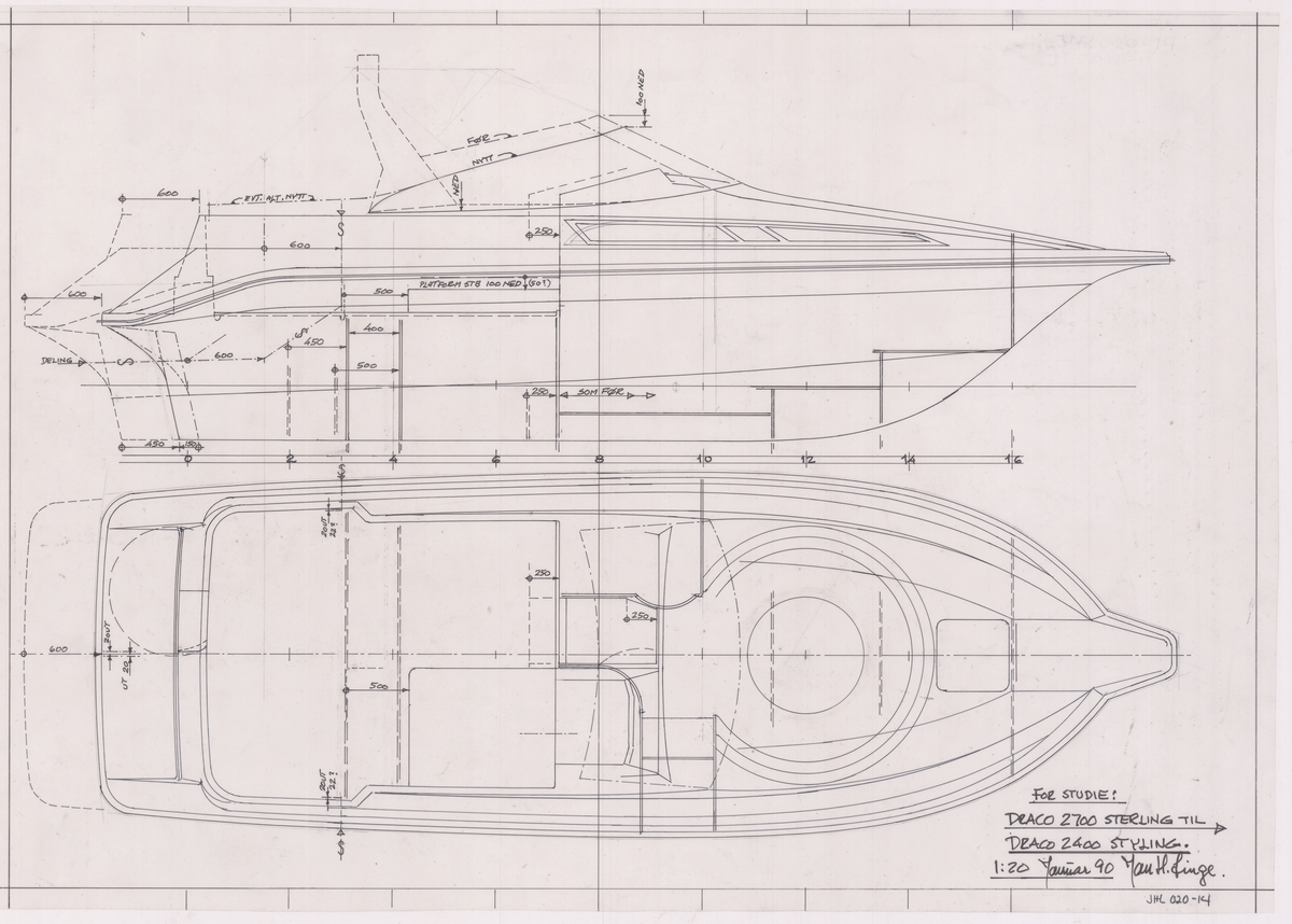 Draco 2400. Cabin cruiser. Forstudie: Draco 2700 til Draco 2400 Styling. 140 til 400 HP. 1:20
