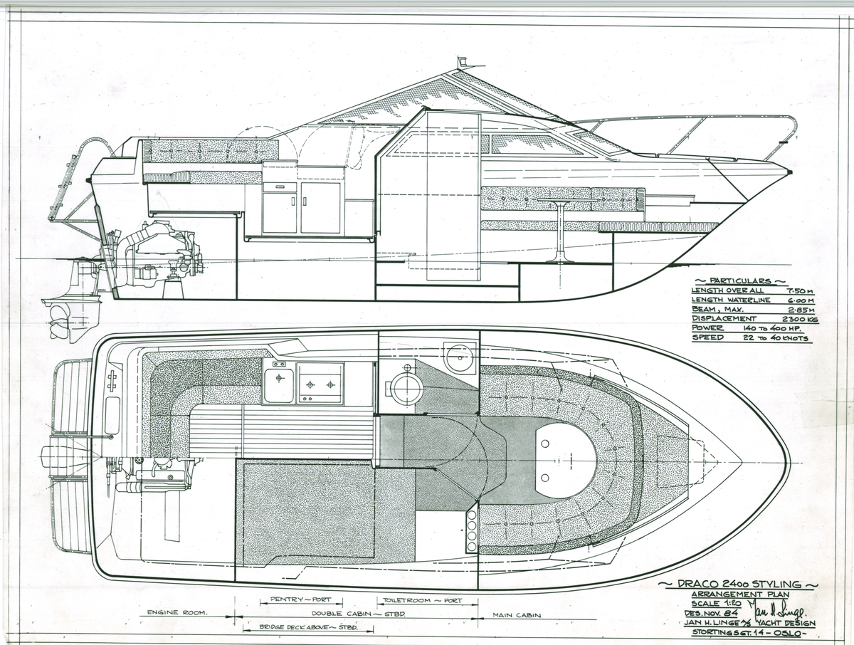 Draco 2400. Cabin cruiser. Arrangement plan. 140 til 400 HP. 1:10