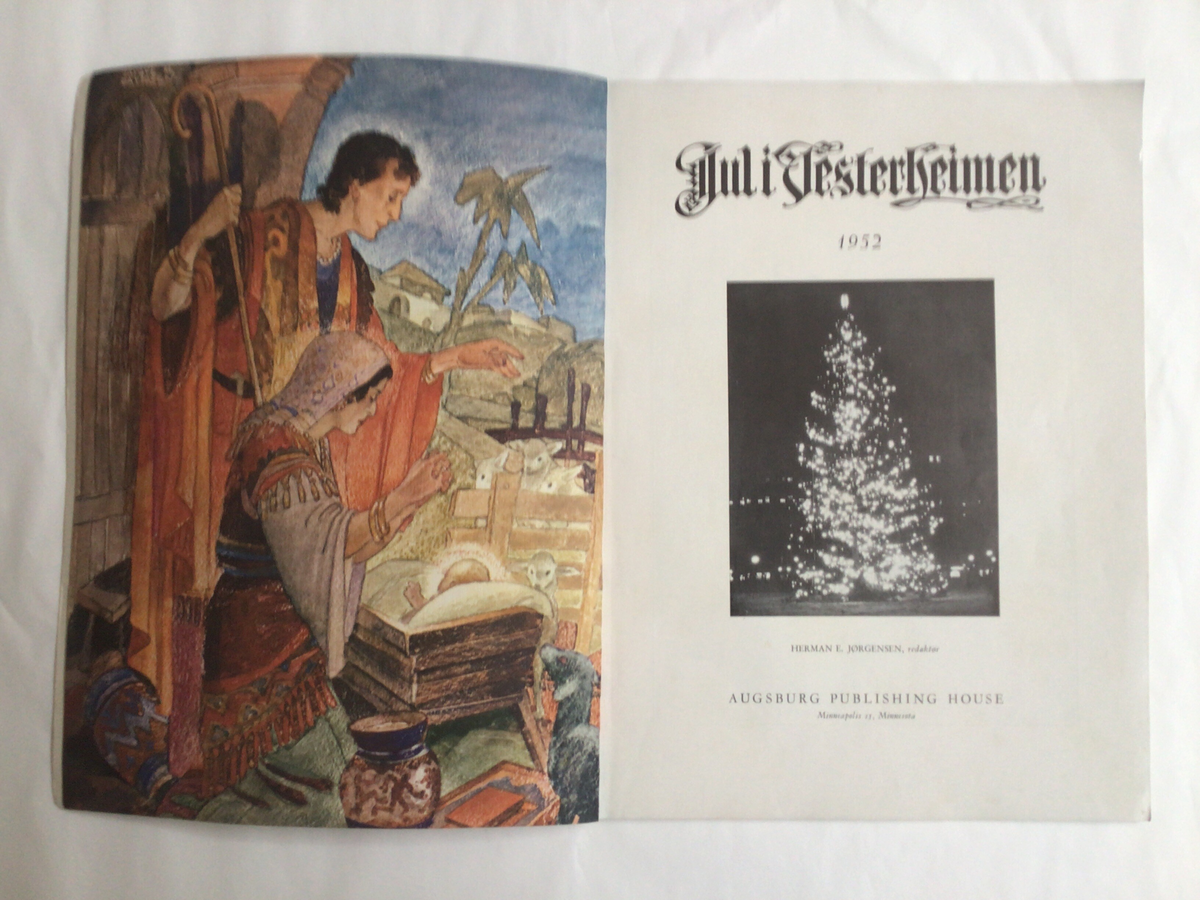 Akvarell, vinterlandskap. Trær, snø , vatn og bebyggelse.