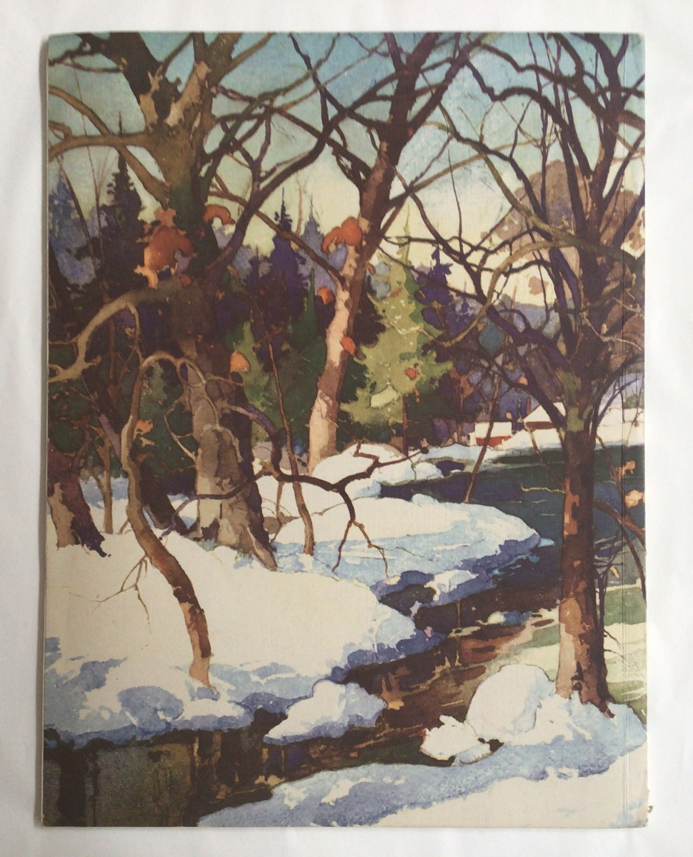 Akvarell, vinterlandskap. Trær, snø , vatn og bebyggelse.