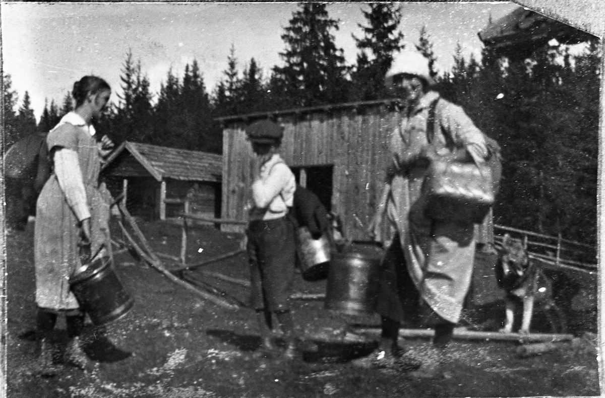 Ved Fjørkenstadsætra på Totenåsen ca. 1916. Personene er Helga Fjørkenstad, Per Fjørkenstad, og Magnhild Fjørkenstad (g.Meisdalshagen). Helga står med en multebutt. Bygningene i bakgrunnen er mjølkebua og skålen (med skråtak). Størhuset er til høgre utafor bildet.