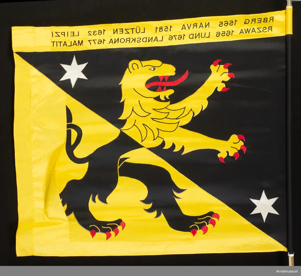 Fana för Skaraborgs regemente (P4), broderad på duk av kypertvävt siden..
På duk ginstyckad svart och gul landskapet Västergötlands vapenbild; ett upprest lejon av motsatta tinkturer med röd beväring, i övre vänstra och nedre högra hörnet av det svarta fältet åtföljt av en sexuddig vit stjärna. På gul bård i fanans överkant segernamn i svart.
Segernamn:
Varberg 1565 Warszawa 1565
Narva 1581 Lund 1676
Lützen 1632 Landskrona 1677
Leipzig 1642 Malatitze 1708

Graverad på holken på övre del av fanstången finns följande text: "Skaraborgs regemente 1995"
Fanspetsen med HM Konung Carl XVI Gustaf:s namnchiffer är av förgylld mässing och kan skruvas fast på holken.