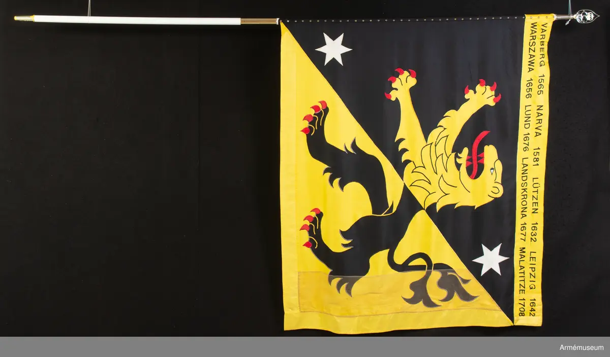 Fana för Skaraborgs regemente (P4), broderad på duk av kypertvävt siden..
På duk ginstyckad svart och gul landskapet Västergötlands vapenbild; ett upprest lejon av motsatta tinkturer med röd beväring, i övre vänstra och nedre högra hörnet av det svarta fältet åtföljt av en sexuddig vit stjärna. På gul bård i fanans överkant segernamn i svart.
Segernamn:
Varberg 1565 Warszawa 1565
Narva 1581 Lund 1676
Lützen 1632 Landskrona 1677
Leipzig 1642 Malatitze 1708

Graverad på holken på övre del av fanstången finns följande text: "Skaraborgs regemente 1995"
Fanspetsen med HM Konung Carl XVI Gustaf:s namnchiffer är av förgylld mässing och kan skruvas fast på holken.