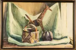 Stilleben med figur och korg [Akvarell]