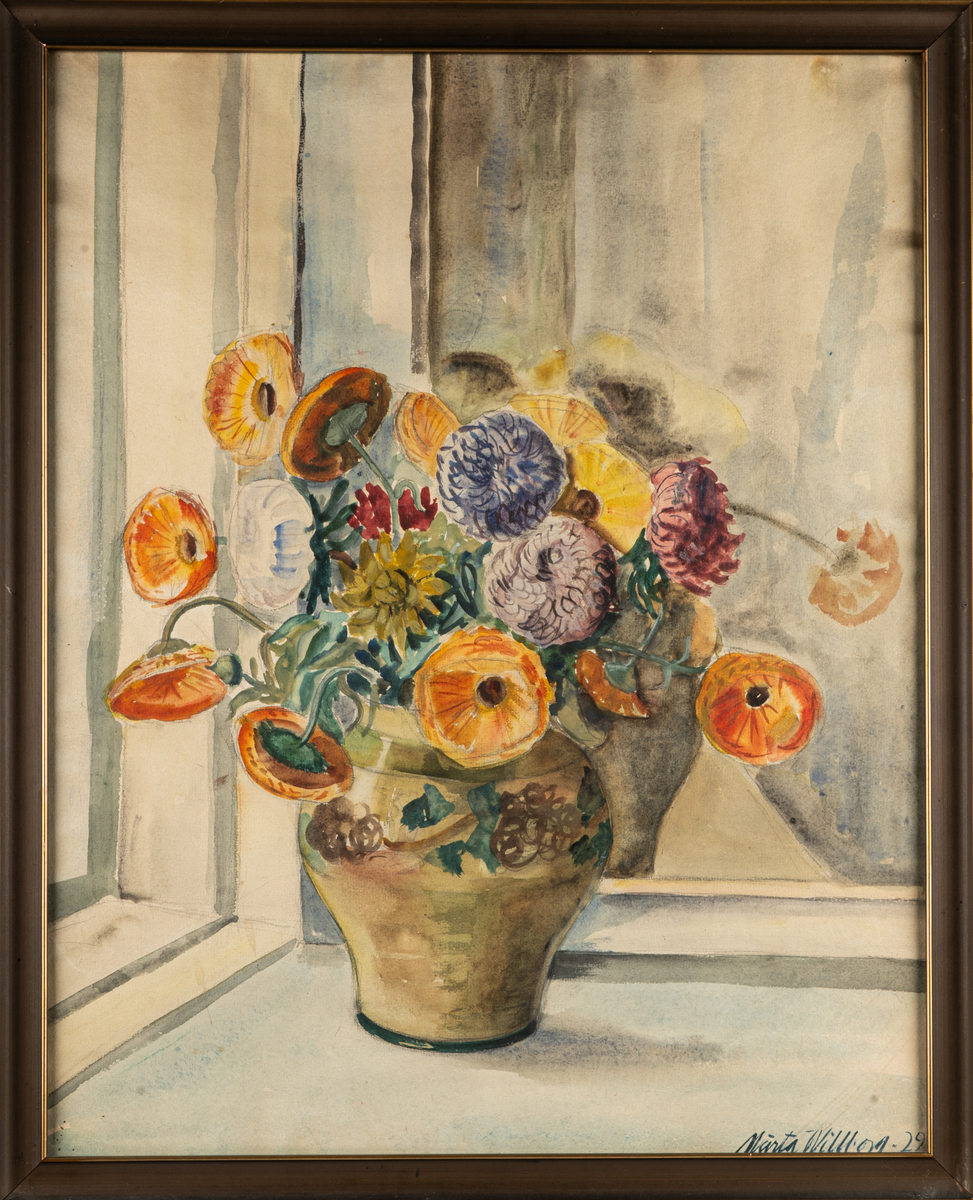 Blomsterstilleben med fågel, akvarell av bildlärare och formgivare Märta Willborg 1929.