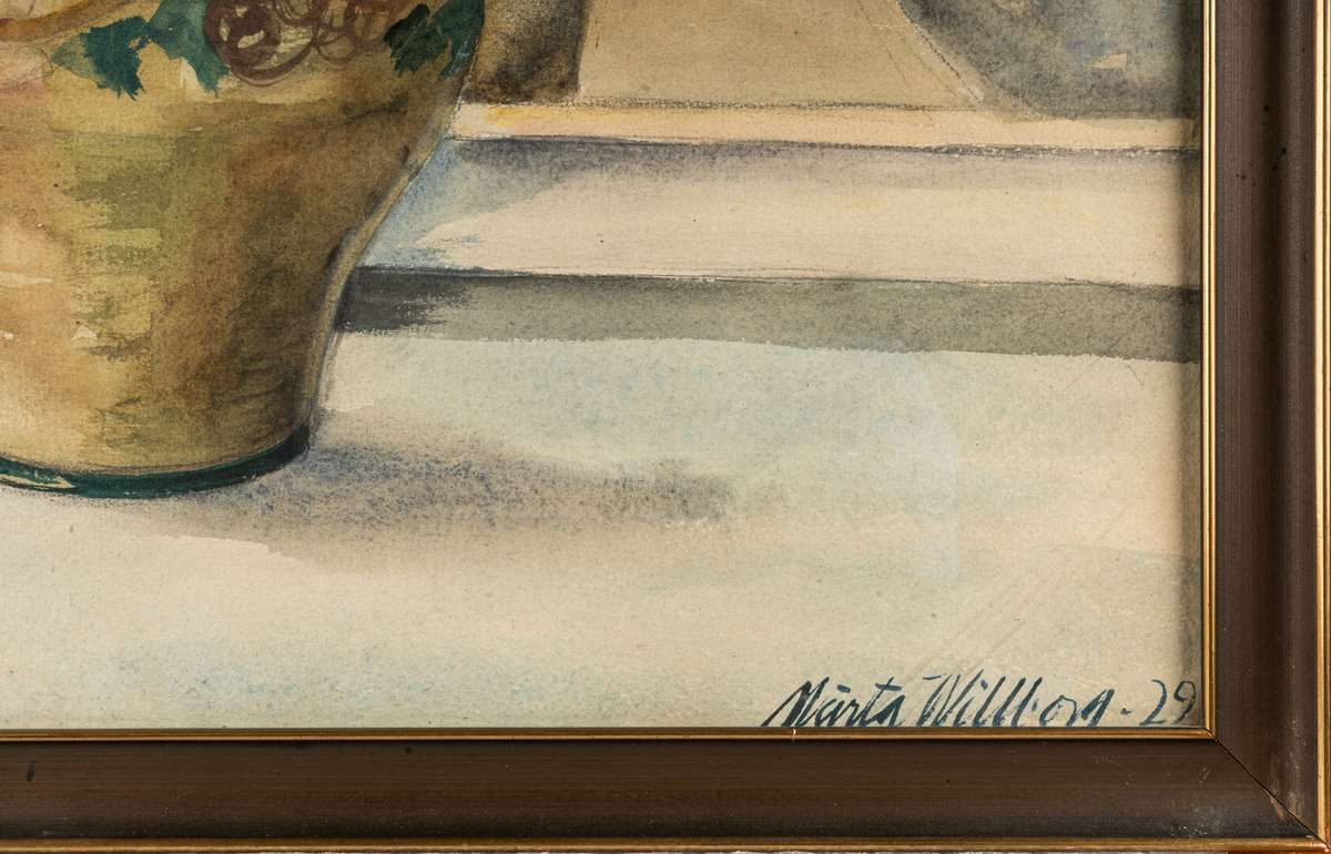 Blomsterstilleben med fågel, akvarell av bildlärare och formgivare Märta Willborg 1929.