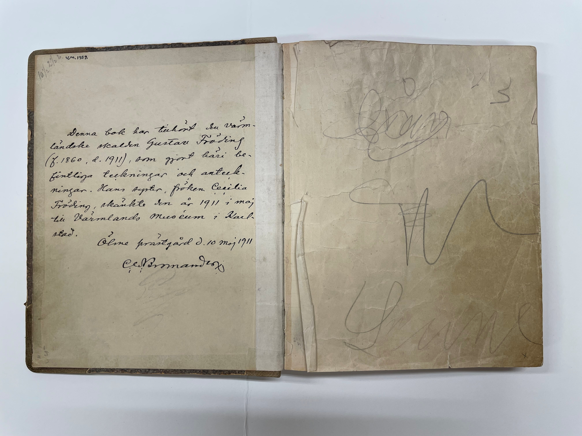 Anteckningsbok, linjerad i svagt blå färg på skrivarken. Halvfranskt band i mossgrönt skinn och brungrönt marmorerat pärmpapper, vilket också har en pressad yta med struktur.

Följande citat är hämtat från Värmlands Museums accessionsliggare: "Skissbok och anteckningsbok innehållande teckningar, konstruktioner, ritningar, anteckningar med senare teckningar och namnteckningar, har tillhört Gustaf Fröding.".