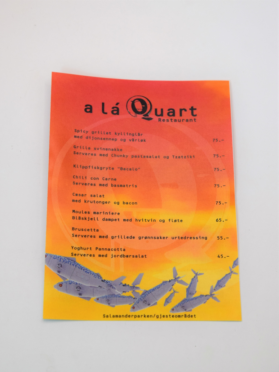 Diverse trykksaker fra Quartfestivalen 2003. To ulike visittkort, billetthefte for mat, meny, telereklame, konsertreklame, fire postkort, deriblant et med foto av verket "Beige fødsel" av Tori Wrånes  og et julekort (foto/desing: Alf Solbakken) med håndskrevet hilsen fra ledelsen.