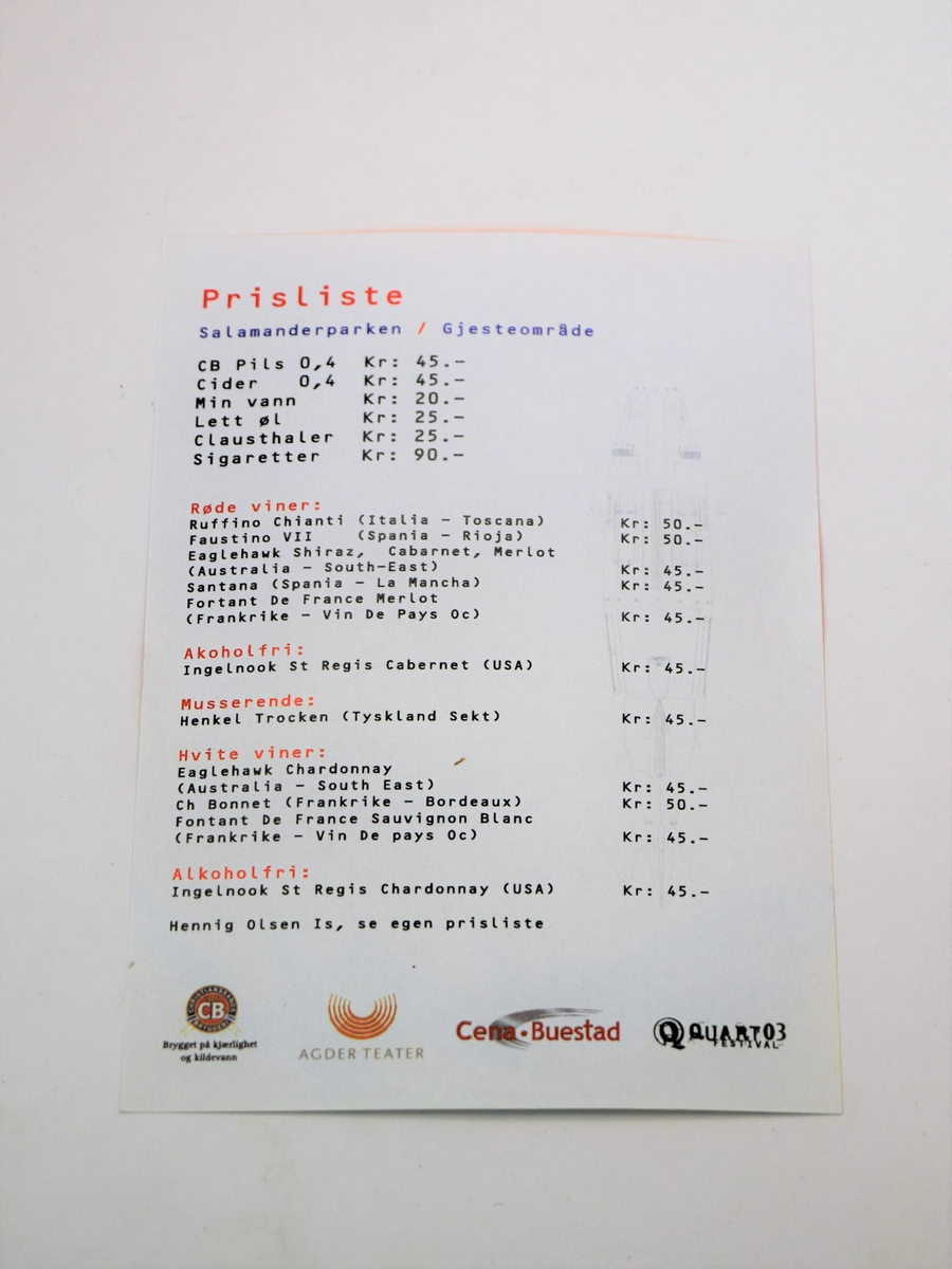Diverse trykksaker fra Quartfestivalen 2003. To ulike visittkort, billetthefte for mat, meny, telereklame, konsertreklame, fire postkort, deriblant et med foto av verket "Beige fødsel" av Tori Wrånes  og et julekort (foto/desing: Alf Solbakken) med håndskrevet hilsen fra ledelsen.
