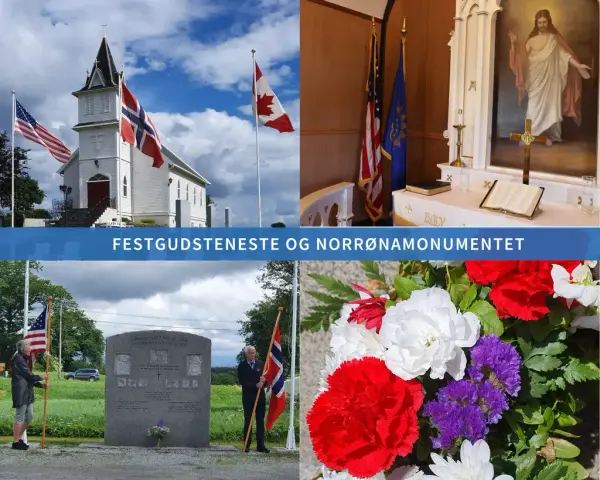 Bildekollage med Emigrantkyrkja og Norrønamonumentet
