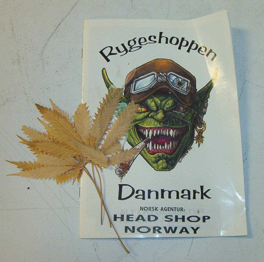 En katalog fra butikken "Rygeshoppen" med et utvalg av hasjpiper til salgs. Det ligger tørkede cannabisblader inne i katalogen.