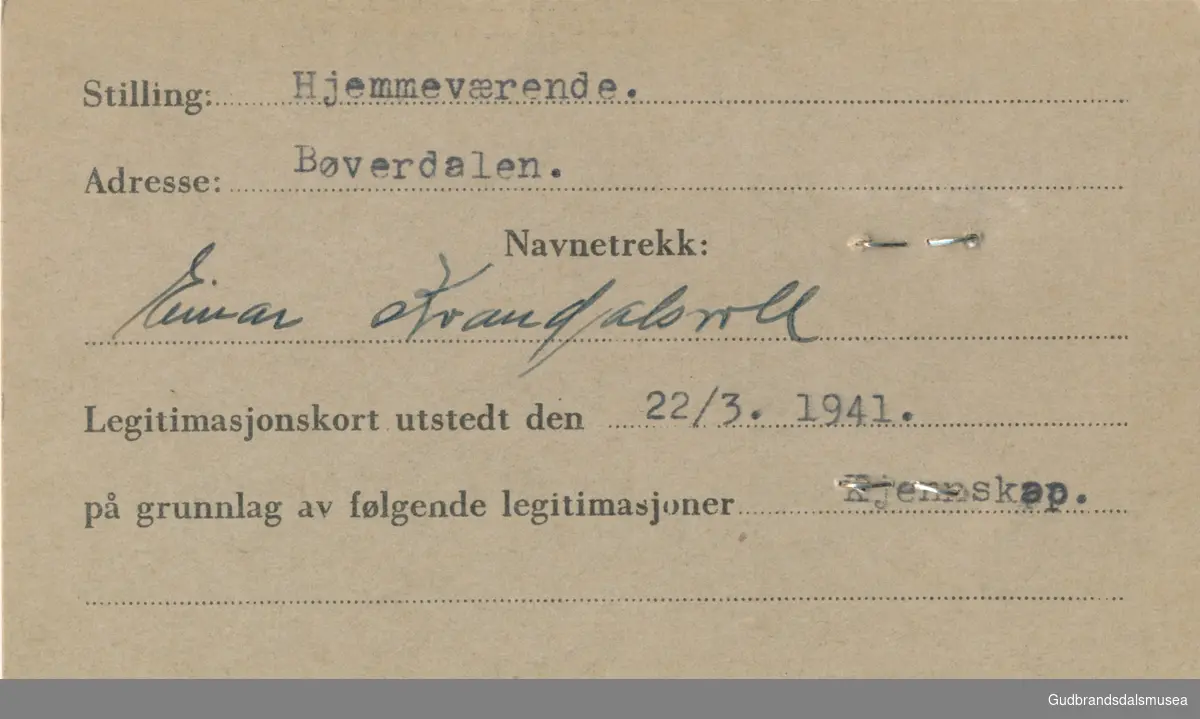 Kvandalsvoll - Einar f. 1908
ID-kort utstedt 1941, Lom