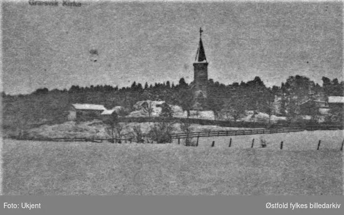 Postkort med motiv av Gressvik kirke 1900- 1915 i Onsøy.