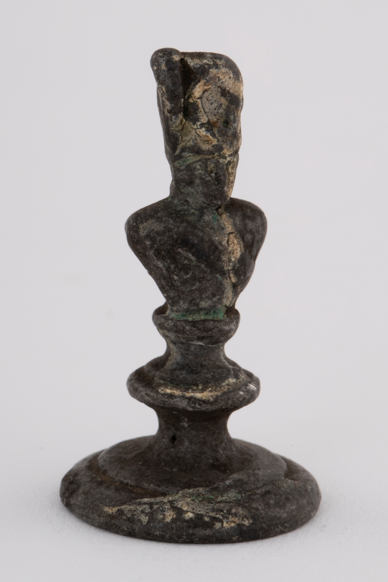 Fem støpte sjakkbrikker. To springere, et tårn og to bønder.