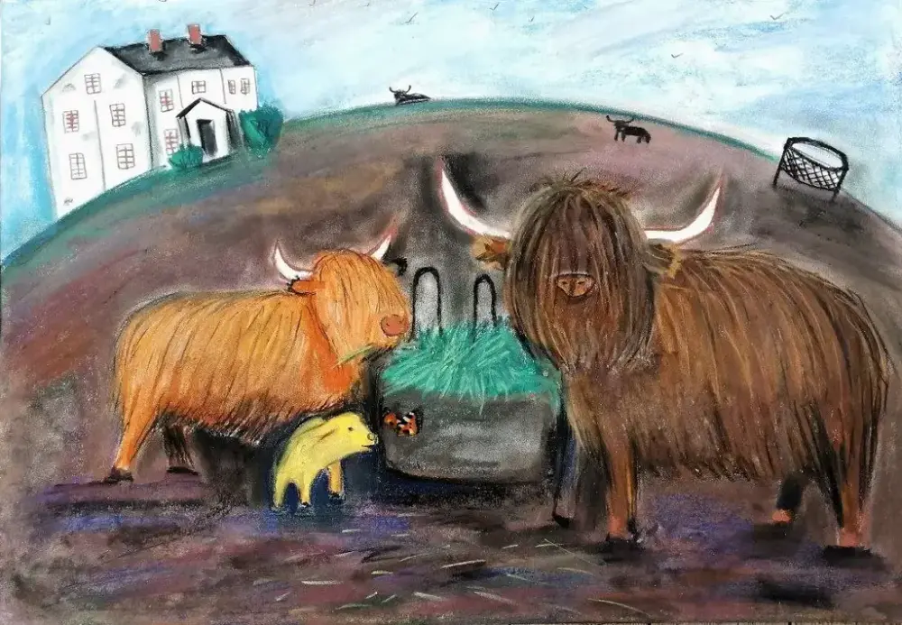 Maleri av  to okser som står ved en forhekk