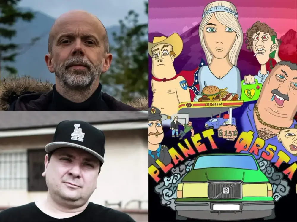 Collage med to portrett og ein plakat 