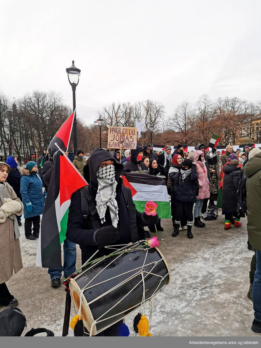 6. februar 2024. Demonstrasjon utenfor Stortinget som oppfordret poltikere til å stemme på venstresidens forslag om å igangsette sanksjoner mot Israel. (Konflikt Israel-Palestina)