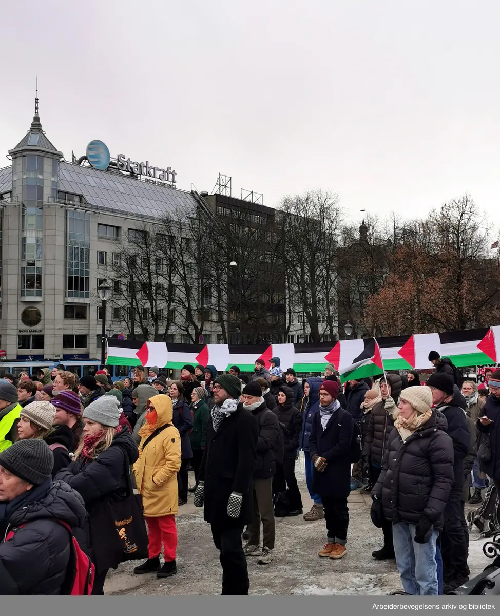 6. februar 2024. Demonstrasjon utenfor Stortinget. Demonstranter oppfordret poltikere til å stemme på venstresidens forslag om å igangsette sanksjoner mot Israel. (Konflikt Israel-Palestina)